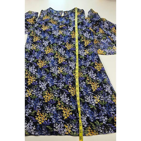 Cynthia Steffe Blue Yellow Floral Cold Shoulder Bell Sleeve ruffle dress size 0 - Picture 6 of 7